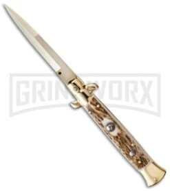Frank B. 9" Italian Stiletto Stag Automatic Knife - Gold Bayonet