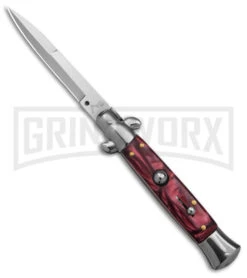 9" Anomaly Stiletto Red Pearlex Automatic Knife - Satin Bayonet
