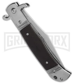 Italia 9" CZ Ebony Wood Bolster Release Automatic Knife - Damascus Plain -Elite Knives Shop 9in CZ Bolster Release Automatic Knife Ebony Wood 4in Damascus BHQ 186210 hd side large