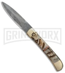 9" Damascus Leverlock Stag Automatic Knife - Dagger Damascus Plain