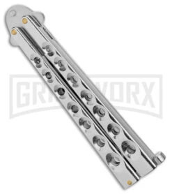 Kriss Blade Silver Butterfly Balisong Knife - Satin Plain -Elite Knives Shop 9in Silver Butterfly Kriss Blade Satin GX 2609 jr side large