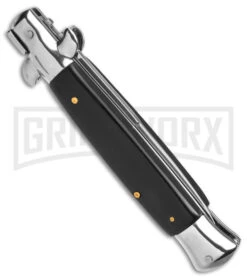 9" Anomaly Stiletto Black Pearlex Automatic Knife - Satin Bayo -Elite Knives Shop 9in anomaly stiletto black pearlex ak satin bayo gx 4255 td side large