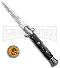 9" Anomaly Stiletto Black Pearlex Automatic Knife - Satin Bayo -Elite Knives Shop 9in anomaly stiletto black pearlex ak satin bayo gx 4255 td size large