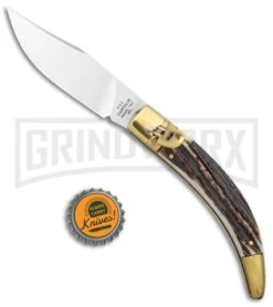 AGA Campolin Diana Stag Horn Lever Lock Automatic Brass - 3.75" Satin -Elite Knives Shop AGA Campolin Diana LL Auto Brass Stag Horn Satin BHQ 135442 jr bottlecap large