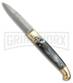 AGA Campolin Dark Horn Brass Lever Lock Automatic Knife - Damascus Plain