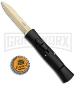 AKC 007 Concord Black OTF Automatic Knife - Dagger Gold Plain -Elite Knives Shop AKC 007 Concord Dagger OTF Auto Black Gold BP 28946 jr bottlecap large