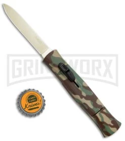 AKC 077 Concord Green Camo OTF Automatic Knife - Flat Gold Plain -Elite Knives Shop AKC 077 Concord OTF Green Camo Gold BHQ 72047 jr bottlecap 2 large