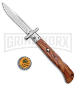 Italian Style 11" Roma Wood Automatic Swinguard - Drop Point Polished Plain -Elite Knives Shop AKC 11in Roma Auto Swinguard DP Wood Polished BHQ 152964 jr bottlecap large