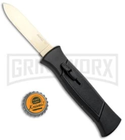 AKC 777 Blackfinger Black OTF Automatic Knife - Flat Gold Plain -Elite Knives Shop AKC 777 Blackfinger OTF Auto Black Gold Flat BHQ 92039 jr bottlecap large
