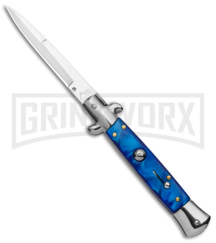 9" Anomaly Stiletto Blue Pearlex Automatic Knife - Satin Bayonet 1 9" Anomaly Stiletto Blue Pearlex Automatic Knife - Satin Bayonet