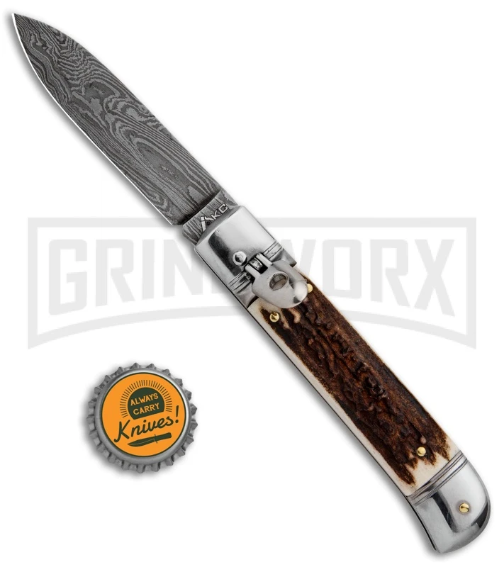 AKC 8" Italian Stiletto Lever Lock Stag Automatic Knife - Damascus Plain 4 AKC 8" Italian Stiletto Lever Lock Stag Automatic Knife - Damascus Plain - Image 4