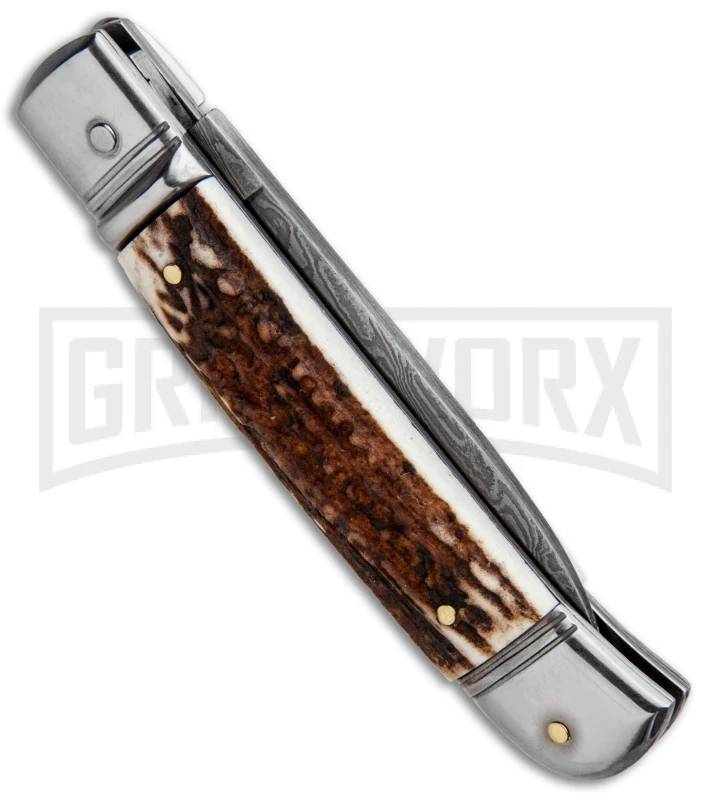 AKC 8" Italian Stiletto Lever Lock Stag Automatic Knife - Damascus Plain 3 AKC 8" Italian Stiletto Lever Lock Stag Automatic Knife - Damascus Plain - Image 3