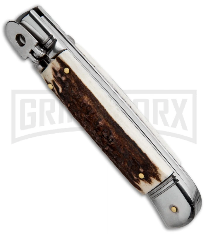 AKC 8" Italian Stiletto Lever Lock Stag Automatic Knife - Damascus Plain 2 AKC 8" Italian Stiletto Lever Lock Stag Automatic Knife - Damascus Plain - Image 2