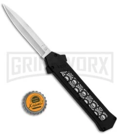 AKC F-16 Skulls D/A OTF Automatic Knife - Bayo Satin Plain -Elite Knives Shop AKC F 16 DA Bayo OTF Auto Skulls Satin BHQ 84593 jr bottlecap large