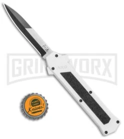 AKC F-16 White D/A OTF Automatic Knife - Bayo Two Tone Plain -Elite Knives Shop AKC F 16 DA Bayo OTF Auto White TT BHQ 114660 jr bottlecap large