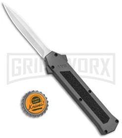 AKC F-16 Gray D/A OTF Automatic Knife - Dagger Satin Plain -Elite Knives Shop AKC F 16 DA Dagger OTF Auto Gray Satin BHQ 92691 jr bottlecap large