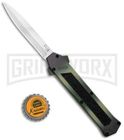 AKC F-16 OD Green Camo D/A OTF Automatic Knife - Bayo Satin Plain -Elite Knives Shop AKC F 16 DA Dagger OTF Auto OD Green Camo Satin BHQ 125319 jr bottlecap large