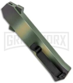 AKC F-16 OD Green Camo D/A OTF Automatic Knife - Bayo Satin Plain -Elite Knives Shop AKC F 16 DA Dagger OTF Auto OD Green Camo Satin BHQ 125319 jr side large