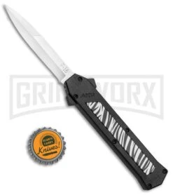AKC F-16 Zebra D/A OTF Automatic Knife - Bayo Satin Plain -Elite Knives Shop AKC F 16 Zebra DA OTF Auto Bayo Satin Plain BP 25401 jr bottlecap large