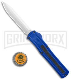 AKC F-20 Blue D/A OTF Automatic Knife - Spear Point Satin Plain -Elite Knives Shop AKC F 20 DA Dagger OTF Auto Blue Satin BHQ 140833 jr bottlecap large