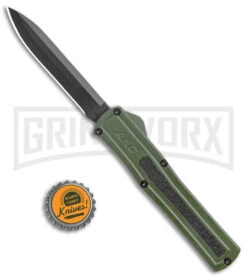 AKC F-20 Green D/A OTF Automatic Knife - Black Plain -Elite Knives Shop AKC F 20 DA Dagger OTF Auto OD Green Black BHQ 140846 jr bottlecap large