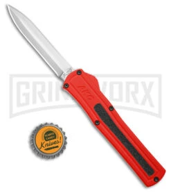 AKC F-20 Red Aluminum DBL Dagger OTF Automatic Knife - Satin Plain -Elite Knives Shop AKC F 20 DA Dagger OTF Auto Red Aluminum Satin BHQ 179208 jr bottlecap large