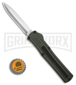 AKC F-20 D/A OTF OD Green Aluminum Automatic Knife - Satin Plain -Elite Knives Shop AKC F20 DA OTF AK Dagger OD Green Alum 3in Satin BHQ 178613 td size large