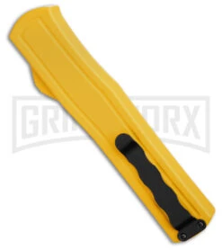 AKC F-20 D/A Dagger Yellow Aluminum OTF Automatic Knife - Satin Plain -Elite Knives Shop AKC F20 DA OTF AK Dagger yellow Alum 3in Satin BHQ 178761 td side large