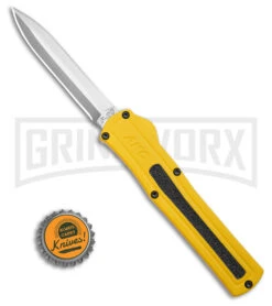 AKC F-20 D/A Dagger Yellow Aluminum OTF Automatic Knife - Satin Plain -Elite Knives Shop AKC F20 DA OTF AK Dagger yellow Alum 3in Satin BHQ 178761 td size large