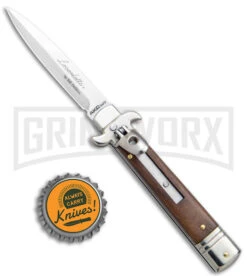 AKC 7.75" Bill DeShivs Leverletto Cocobolo Auto Knife - Satin Plain Bayonet -Elite Knives Shop AKC Leverletto LL Auto Italian Cocobolo Satin Bayo BHQ 139808 jr bottlecap large
