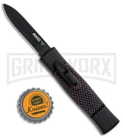AKC Minion Concord Black/Sim Carbon Fiber OTF Automatic Knife - Black Flat -Elite Knives Shop AKC Minion Concord Black Slim CF OTF Auto Black Flat GX 33107 jr bottlecap large