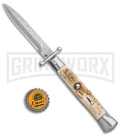 Automatic Italian Style Swinguard 9" Stag - Damascus Bayonet Blade -Elite Knives Shop AKC Swinguard 9in Stag Bayo Damascus GX 3647 jr bottlecap large