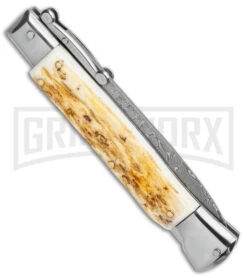 Automatic Italian Style Swinguard 9" Stag - Damascus Bayonet Blade -Elite Knives Shop AKC Swinguard 9in Stag Bayo Damascus GX 3647 jr side large