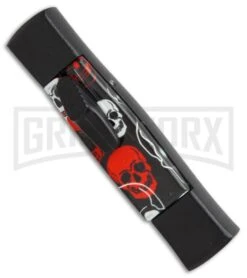 AKC Minion Concord Red/White Skull OTF Automatic Knife - Black Flat -Elite Knives Shop AKC minion concord red white skull black flat BP 19001 er side large
