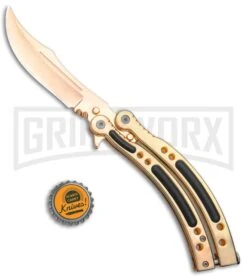Andux CS Gold Balisong Butterfly Knife W/Black Inlays- Plain -Elite Knives Shop Andux CS Gold Balisong Butterfly Black Inlay Bowie Plain GX 35606 jr bottlecap large