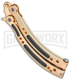 Andux CS Gold Balisong Butterfly Knife W/Black Inlays- Plain -Elite Knives Shop Andux CS Gold Balisong Butterfly Black Inlay Bowie Plain GX 35606 jr side large