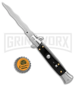 9" Anomaly Stiletto Black Pearlex Automatic Knife - Satin Kriss -Elite Knives Shop Anomally 9in Stiletto Black Pearlex Black Auto Satin Kriss BHQ 163543 jr bottlecap large
