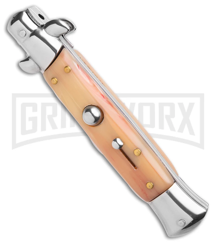 9" Anomaly Stiletto Red Marble Pearlex Automatic Knife - Satin Kriss 2 9" Anomaly Stiletto Red Marble Pearlex Automatic Knife - Satin Kriss - Image 2
