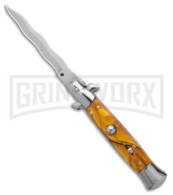 9" Anomaly Stiletto Yellow Pearlex Automatic Knife - Satin Kriss