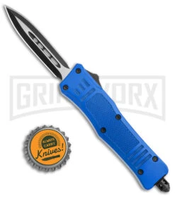 Atomic Defender Mini OTF Blue Automatic Dagger Knife - Two Tone Plain -Elite Knives Shop Atomic Defender Mini OTF Auto Blue TT Dagger BHQ 141218 jr bottlecap 2 large