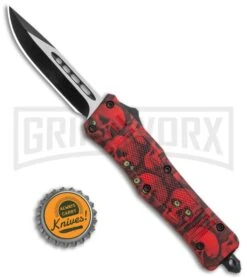 Atomic Defender Mini OTF Automatic Knife Red Skull - Two Tone Drop Point Plain -Elite Knives Shop Atomic Mini DP Red Skull OTF Auto TT GX 36430 jr bottlecap large
