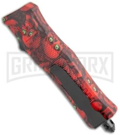 Atomic Defender Mini OTF Automatic Knife Red Skull - Two Tone Drop Point Plain -Elite Knives Shop Atomic Mini DP Red Skull OTF Auto TT GX 36430 jr side large