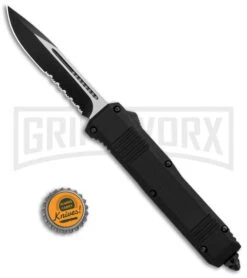Atomic Shield Large Drop Point Black OTF Automatic Knife - Two Tone Serrated -Elite Knives Shop Atomic Shield Large DP Black OTF TT Serr GX 34162 jr bottlecap large