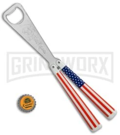 BB Barfly USA Flag Bottle Opener Butterfly Trainer - Satin 4TH18 -Elite Knives Shop BB Barfly Bottle Opener Butterfly Trainer USA Flag BHQ 68442 jr bottlecap large