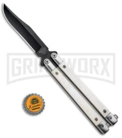 Bear And Son White Smooth Bone Balisong Butterfly Knife - Black Plain -Elite Knives Shop Bear Butterfly Knife White Smooth Bone Handle Black WSB17 BHQ 14380 jr bottlecap large