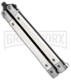 Bear And Son White Smooth Bone Balisong Butterfly Knife - Black Plain -Elite Knives Shop Bear Butterfly Knife White Smooth Bone Handle Black WSB17 BHQ 14380 jr side large