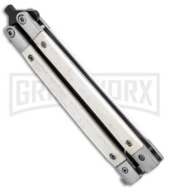 Bear And Son White Smooth Bone Balisong Butterfly Knife - Black Plain -Elite Knives Shop Bear Butterfly Knife White Smooth Bone Handle Black WSB17 BHQ 14380 jr spine large