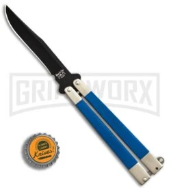 Bear & Son Blue G-10 Butterfly Knife - Black Plain -Elite Knives Shop Bear Butterfly Knive blue G10 handles Black Plain BHQ 87253 er bottlecap large