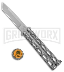 Bear & Son Knives 114A Large Silver Balisong Butterfly Knife - Blasted Tanto -Elite Knives Shop Bear Butterfly Tanto Large Silver Vein BB BHQ 0663 jr bottlecap large