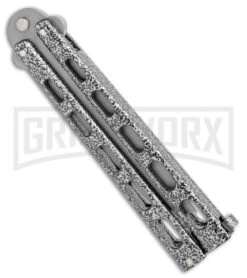 Bear & Son Knives 114A Large Silver Balisong Butterfly Knife - Blasted Tanto -Elite Knives Shop Bear Butterfly Tanto Large Silver Vein BB BHQ 0663 jr side large